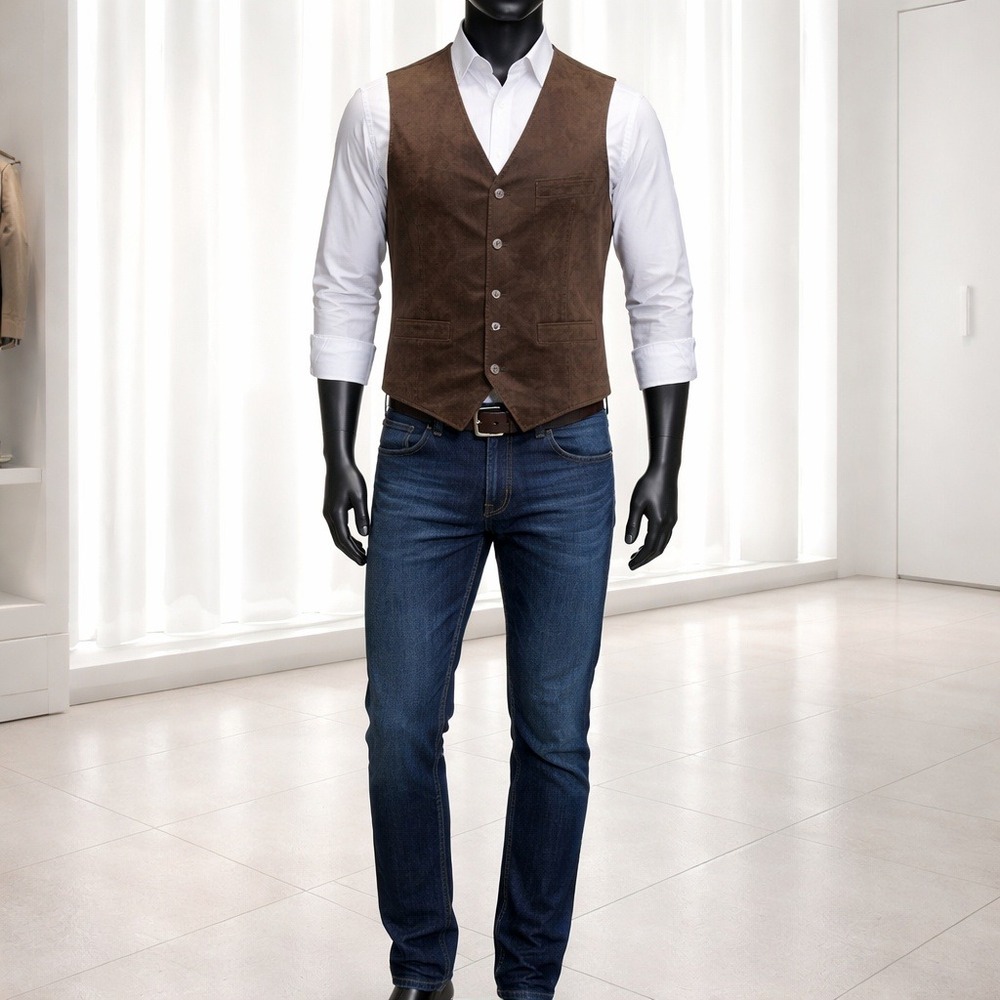 Route 66 Mens Brown Genuine Leather Suede Vest Rugged Western Moto Med Y2K‎ 90s